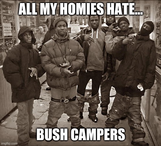All My Homies Hate |  ALL MY HOMIES HATE... BUSH CAMPERS | image tagged in all my homies hate | made w/ Imgflip meme maker