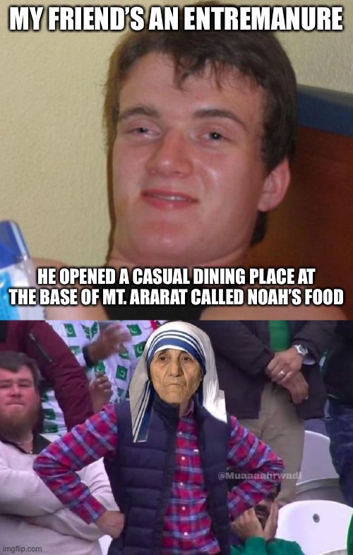 MY FRIEND’S AN ENTREMANURE; HE OPENED A CASUAL DINING PLACE AT THE BASE OF MT. ARARAT CALLED NOAH’S FOOD | image tagged in memes,10 guy,angry mother teresa | made w/ Imgflip meme maker