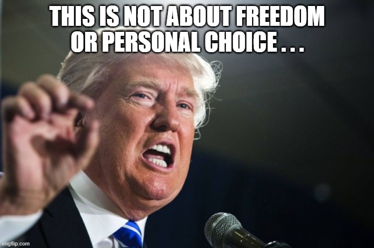 donald trump | THIS IS NOT ABOUT FREEDOM OR PERSONAL CHOICE . . . | image tagged in donald trump | made w/ Imgflip meme maker