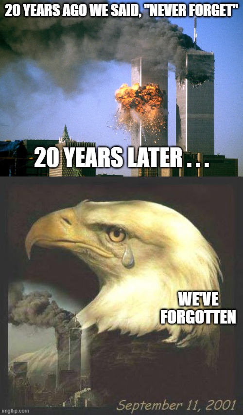 We once were united. We've forgotten. | 20 YEARS AGO WE SAID, "NEVER FORGET"; 20 YEARS LATER . . . WE'VE FORGOTTEN | image tagged in 911 9/11 twin towers impact,eagle crying | made w/ Imgflip meme maker