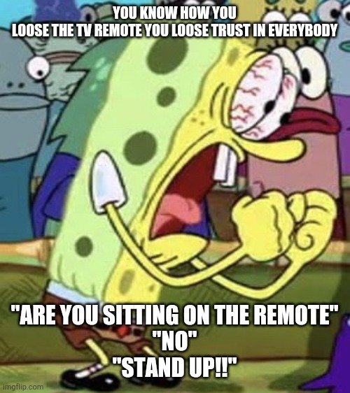 Do ya'll agree | YOU KNOW HOW YOU LOOSE THE TV REMOTE YOU LOOSE TRUST IN EVERYBODY; "ARE YOU SITTING ON THE REMOTE"
"NO"
"STAND UP!!" | image tagged in yelling spongebob,relatable,funny memes,tv | made w/ Imgflip meme maker