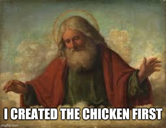 god | I CREATED THE CHICKEN FIRST | image tagged in god | made w/ Imgflip meme maker