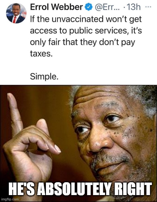 I AGREE |  HE'S ABSOLUTELY RIGHT | image tagged in this morgan freeman,vaccines,vacation,covid-19,taxes | made w/ Imgflip meme maker