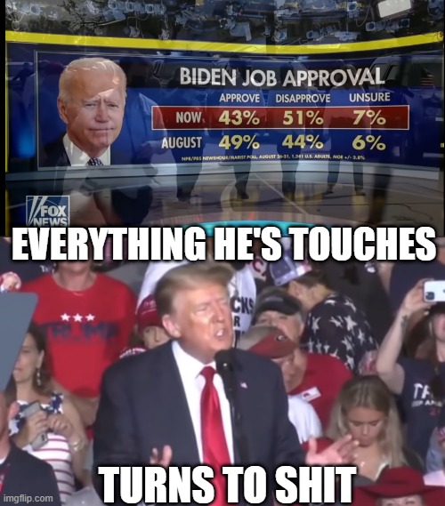 IT'S TRUE | EVERYTHING HE'S TOUCHES; TURNS TO SHIT | image tagged in joe biden,president trump,approval,pole,fox news | made w/ Imgflip meme maker