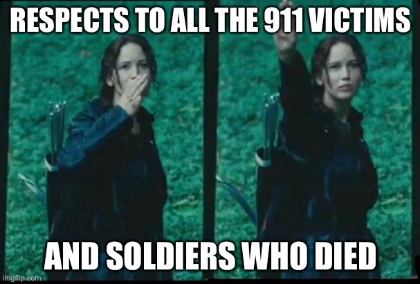 respect | RESPECTS TO ALL THE 911 VICTIMS; AND SOLDIERS WHO DIED | image tagged in katniss respect,911,respect,soldiers,press f to pay respects | made w/ Imgflip meme maker