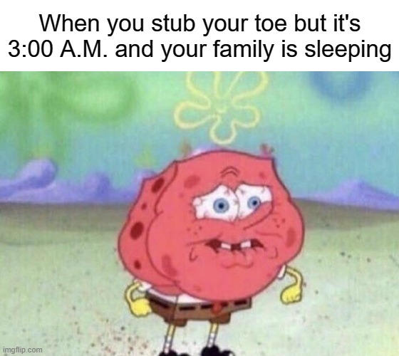 Spongebob Holding Breath | When you stub your toe but it's 3:00 A.M. and your family is sleeping | image tagged in spongebob holding breath | made w/ Imgflip meme maker
