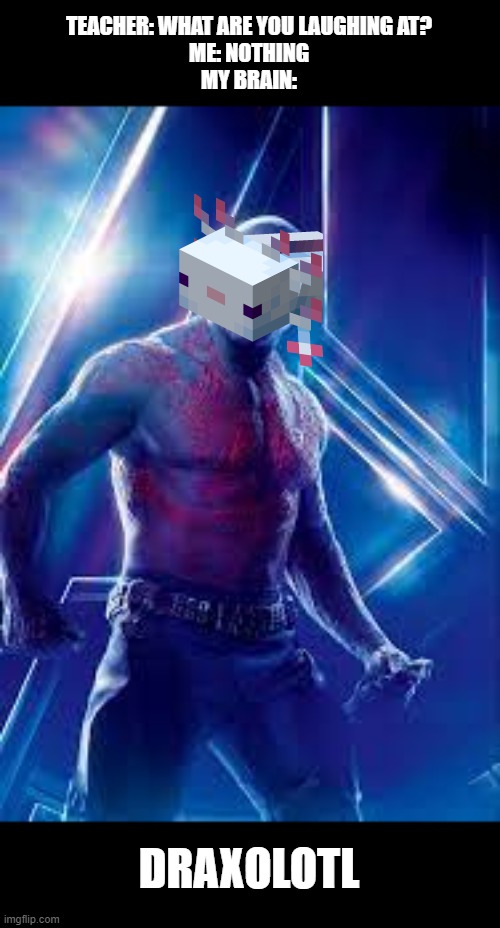 TEACHER: WHAT ARE YOU LAUGHING AT?
ME: NOTHING
MY BRAIN:; DRAXOLOTL | image tagged in drax,guardians of the galaxy,axolotl | made w/ Imgflip meme maker