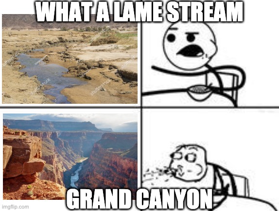 Uniformitarianism | WHAT A LAME STREAM; GRAND CANYON | image tagged in cereal spit | made w/ Imgflip meme maker