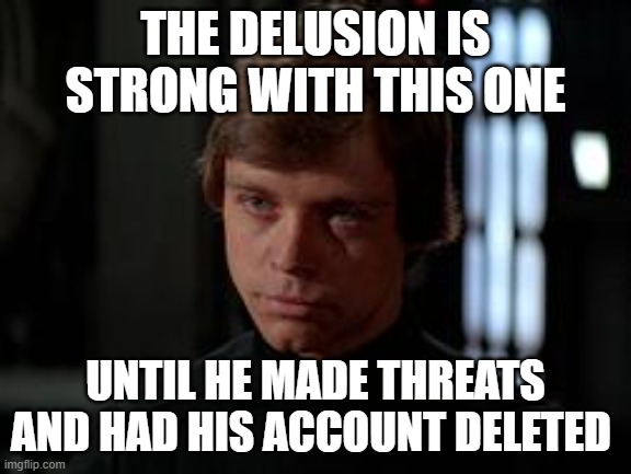 Luke Skywalker | THE DELUSION IS STRONG WITH THIS ONE UNTIL HE MADE THREATS AND HAD HIS ACCOUNT DELETED | image tagged in luke skywalker | made w/ Imgflip meme maker