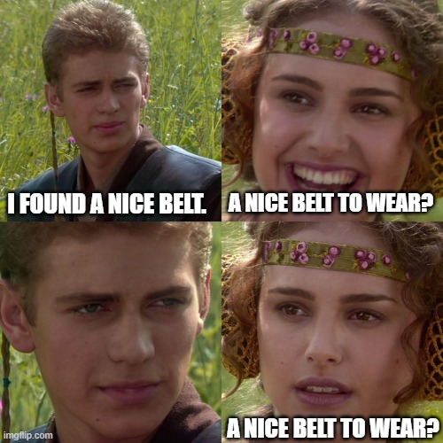 Thick and smooth | I FOUND A NICE BELT. A NICE BELT TO WEAR? A NICE BELT TO WEAR? | image tagged in anakin padme 4 panel | made w/ Imgflip meme maker