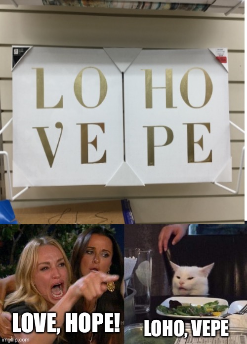 Loho vepe | LOHO, VEPE; LOVE, HOPE! | image tagged in blank white template,memes,woman yelling at cat | made w/ Imgflip meme maker
