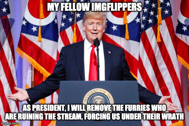 trump will ban furries | MY FELLOW IMGFLIPPERS; AS PRESIDENT, I WILL REMOVE THE FURRIES WHO ARE RUINING THE STREAM, FORCING US UNDER THEIR WRATH | image tagged in trump | made w/ Imgflip meme maker