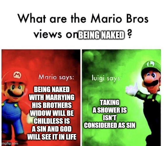Mario Bros Views | BEING NAKED; BEING NAKED WITH MARRYING HIS BROTHERS WIDOW WILL BE CHILDLESS IS A SIN AND GOD WILL SEE IT IN LIFE; TAKING A SHOWER IS ISN'T CONSIDERED AS SIN | image tagged in mario bros views | made w/ Imgflip meme maker