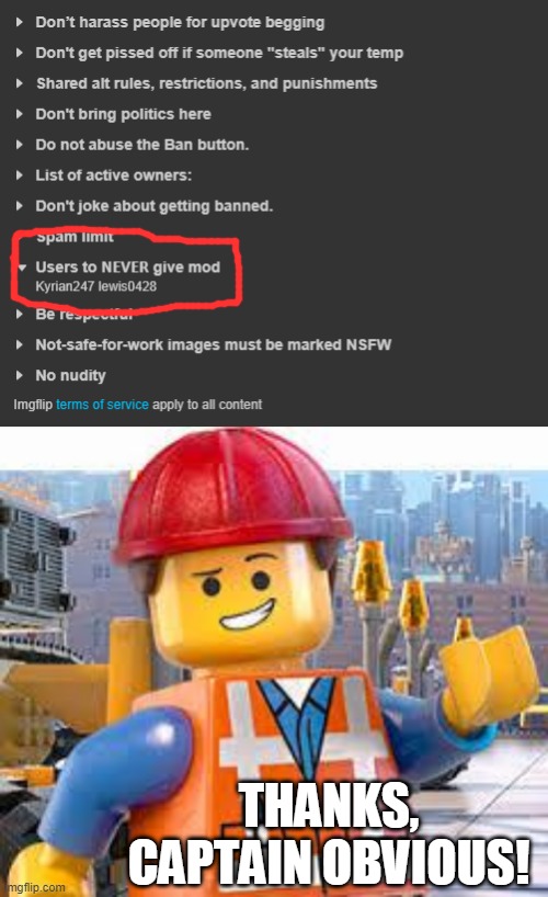 THANKS, CAPTAIN OBVIOUS! | image tagged in lego movie emmet | made w/ Imgflip meme maker