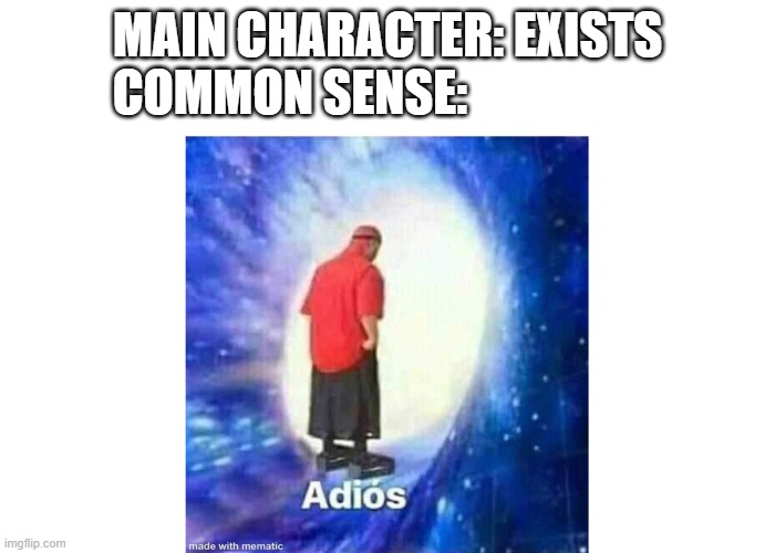 Text+Adios | MAIN CHARACTER: EXISTS
COMMON SENSE: | image tagged in text adios | made w/ Imgflip meme maker