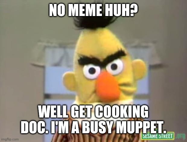 Sesame Street - Angry Bert | NO MEME HUH? WELL GET COOKING DOC. I'M A BUSY MUPPET. | image tagged in sesame street - angry bert | made w/ Imgflip meme maker