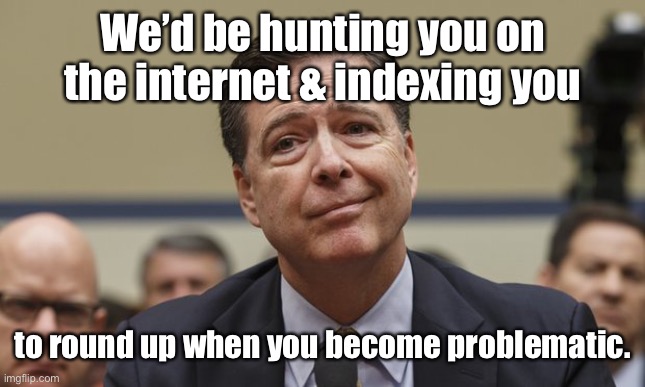 Comey Don't Know | We’d be hunting you on the internet & indexing you to round up when you become problematic. | image tagged in comey don't know | made w/ Imgflip meme maker