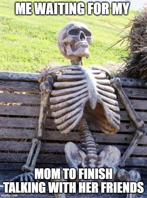 Waiting Skeleton Meme | ME WAITING FOR MY; MOM TO FINISH TALKING WITH HER FRIENDS | image tagged in memes,waiting skeleton | made w/ Imgflip meme maker