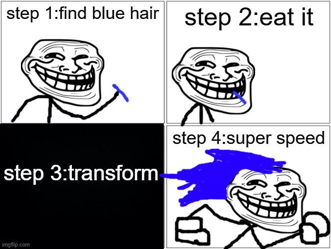 July 5th,2016"Sonic The Hedgehog"incident | step 1:find blue hair; step 2:eat it; step 4:super speed; step 3:transform | image tagged in sonic the hedgehog,trollge,incident | made w/ Imgflip meme maker