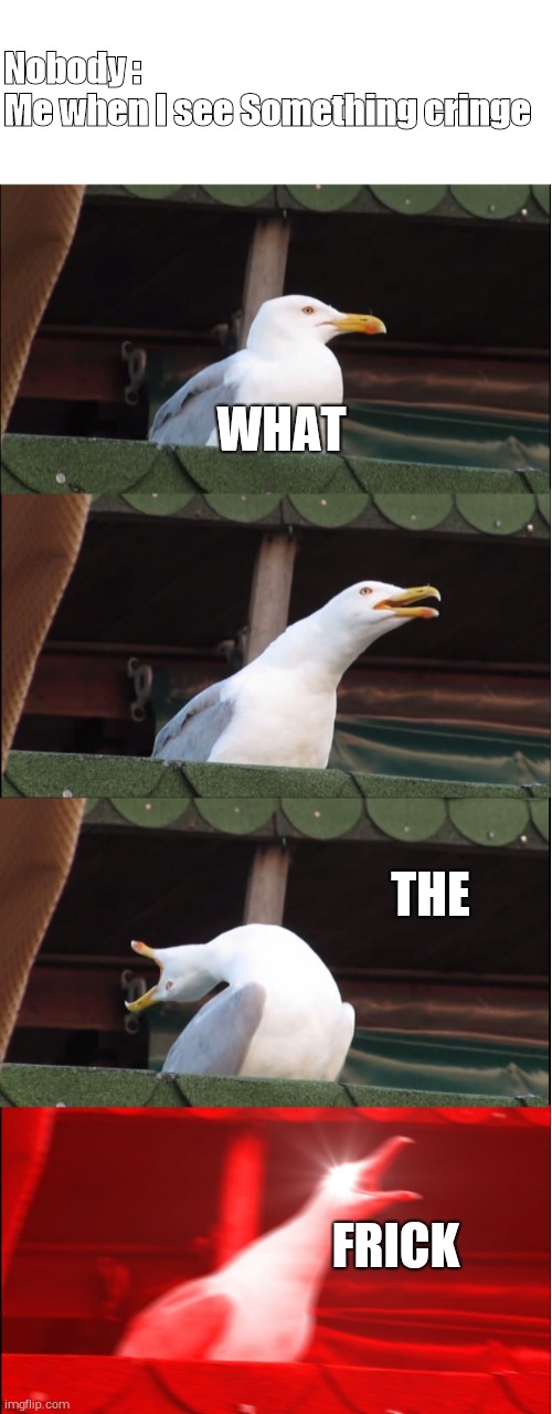 Inhaling Seagull | Nobody :
Me when I see Something cringe; WHAT; THE; FRICK | image tagged in memes,inhaling seagull | made w/ Imgflip meme maker