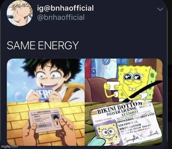 Same energy | image tagged in anime,memes,spongebob,deku | made w/ Imgflip meme maker