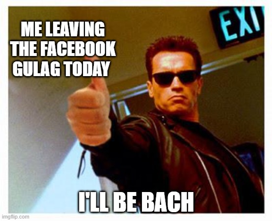 I'll be bach | ME LEAVING THE FACEBOOK GULAG TODAY; I'LL BE BACH | image tagged in terminator thumbs up | made w/ Imgflip meme maker