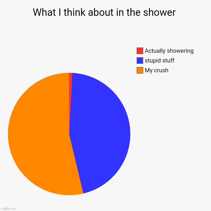 What I think about in the shower | What I think about in the shower | My crush, stupid stuff, Actually showering | image tagged in charts,pie charts,shower thoughts | made w/ Imgflip chart maker