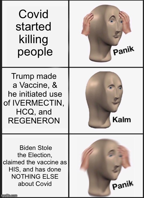 Nothin’ but Damage & Destruction  (is that what the (D) after his name, stands for?) | Covid 
started 
killing 
people; Trump made 
a Vaccine, &
 he initiated use 
of IVERMECTIN, 
HCQ, and 
REGENERON; Biden Stole the Election, 
claimed the vaccine as 
HIS, and has done 
NOTHING ELSE 
about Covid | image tagged in memes,panik kalm panik,biden hates america,nothing new under the sun,plan demic,power money control | made w/ Imgflip meme maker