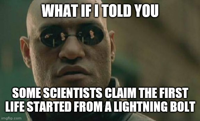 Matrix Morpheus Meme | WHAT IF I TOLD YOU SOME SCIENTISTS CLAIM THE FIRST LIFE STARTED FROM A LIGHTNING BOLT | image tagged in memes,matrix morpheus | made w/ Imgflip meme maker