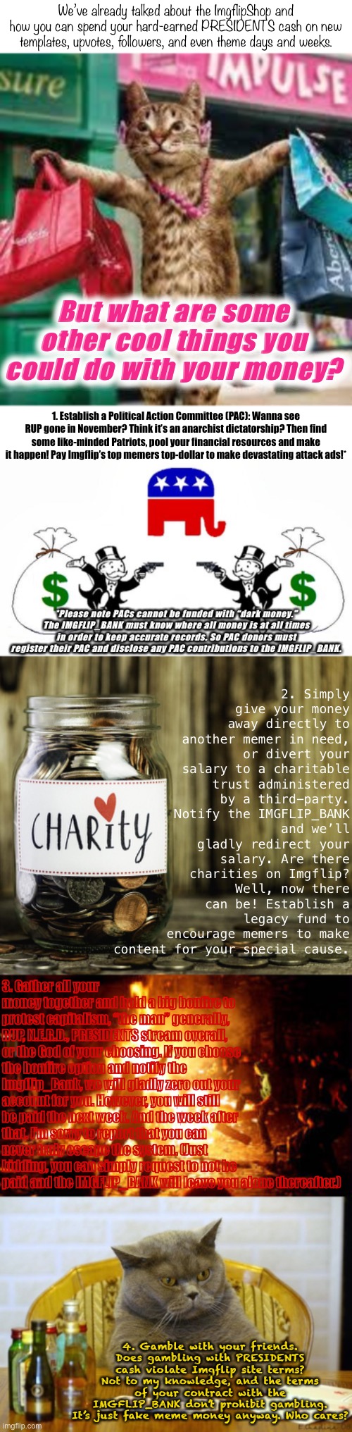 Get creative with your PRESIDENTS cash! (Must not violate Imgflip site terms or your contract with the bank.) | We’ve already talked about the ImgflipShop and how you can spend your hard-earned PRESIDENTS cash on new templates, upvotes, followers, and even theme days and weeks. But what are some other cool things you could do with your money? 1. Establish a Political Action Committee (PAC): Wanna see RUP gone in November? Think it’s an anarchist dictatorship? Then find some like-minded Patriots, pool your financial resources and make it happen! Pay Imgflip’s top memers top-dollar to make devastating attack ads!*; 2. Simply give your money away directly to another memer in need, or divert your salary to a charitable trust administered by a third-party. Notify the IMGFLIP_BANK and we’ll gladly redirect your salary. Are there charities on Imgflip? Well, now there can be! Establish a legacy fund to encourage memers to make content for your special cause. *Please note PACs cannot be funded with “dark money.” The IMGFLIP_BANK must know where all money is at all times in order to keep accurate records. So PAC donors must register their PAC and disclose any PAC contributions to the IMGFLIP_BANK. 3. Gather all your money together and hold a big bonfire to protest capitalism, “the man” generally, RUP, N.E.R.D., PRESIDENTS stream overall, or the God of your choosing. If you choose the bonfire option and notify the Imgflip_Bank, we will gladly zero out your account for you. However, you will still be paid the next week. And the week after that. I’m sorry to report that you can never truly escape the system. (Just kidding, you can simply request to not be paid and the IMGFLIP_BANK will leave you alone thereafter.); 4. Gamble with your friends. Does gambling with PRESIDENTS cash violate Imgflip site terms? Not to my knowledge, and the terms of your contract with the IMGFLIP_BANK don’t prohibit gambling. It’s just fake meme money anyway. Who cares? | image tagged in cat shopping,charity,anarchy riot,gambling sad cat | made w/ Imgflip meme maker