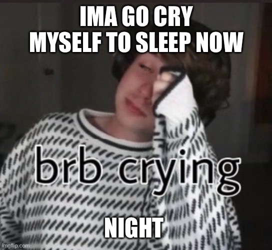 I’ll be right back ima go cry | IMA GO CRY MYSELF TO SLEEP NOW; NIGHT | image tagged in i ll be right back ima go cry | made w/ Imgflip meme maker