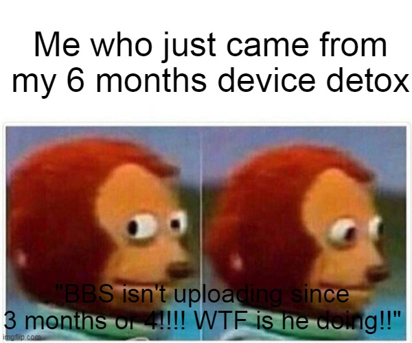 Monkey Puppet | Me who just came from my 6 months device detox; "BBS isn't uploading since 3 months or 4!!!! WTF is he doing!!" | image tagged in memes,monkey puppet | made w/ Imgflip meme maker