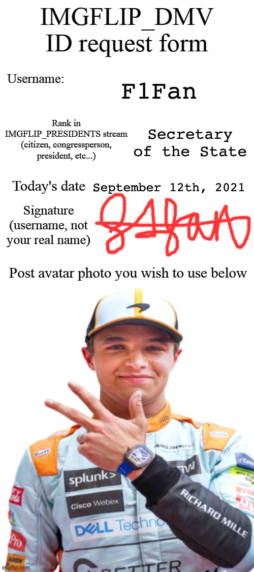 F1Fan; Secretary of the State; September 12th, 2021 | made w/ Imgflip meme maker