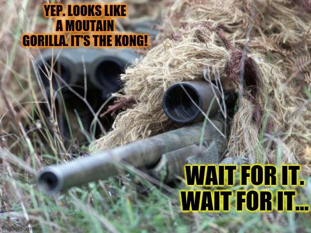 British Sniper Team | YEP. LOOKS LIKE A MOUTAIN GORILLA. IT'S THE KONG! WAIT FOR IT. WAIT FOR IT... | image tagged in british sniper team | made w/ Imgflip meme maker