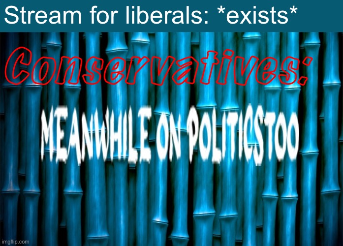 Imagine, if you will, that liberals actually exist and have opinions… :) | Stream for liberals: *exists*; Conservatives: | image tagged in meanwhile on politicstoo | made w/ Imgflip meme maker