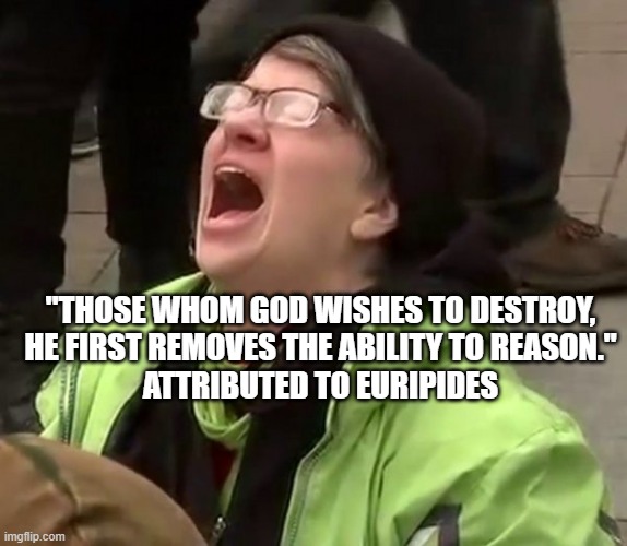 Those whom God wishes to destroy | "THOSE WHOM GOD WISHES TO DESTROY,
HE FIRST REMOVES THE ABILITY TO REASON."
ATTRIBUTED TO EURIPIDES | image tagged in euripides,liberal,election 2016,woke,left wing,social justice warrior | made w/ Imgflip meme maker