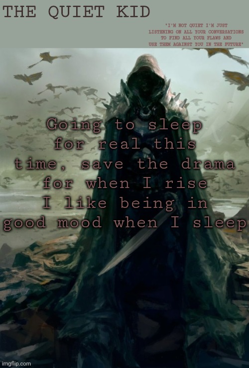 Quiet kid | Going to sleep for real this time, save the drama for when I rise I like being in good mood when I sleep | image tagged in quiet kid | made w/ Imgflip meme maker