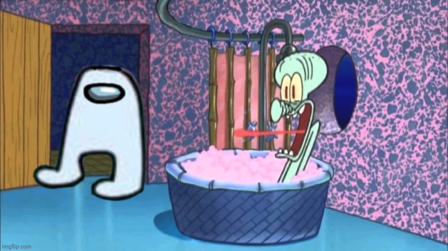 Amogus drops by Squidward's house. | image tagged in squidward,spongebob,among us,amogus,memes,x drops by squidward's house | made w/ Imgflip meme maker