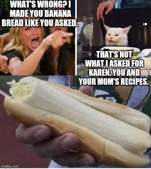 WHAT'S WRONG? I MADE YOU BANANA BREAD LIKE YOU ASKED. J M; THAT'S NOT WHAT I ASKED FOR KAREN. YOU AND YOUR MOM'S RECIPES. | image tagged in smudge the cat | made w/ Imgflip meme maker