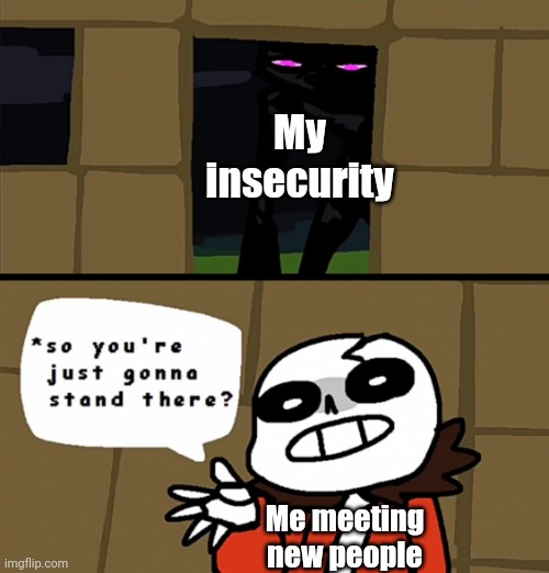 So you're just gonna stand there ? | My insecurity; Me meeting new people | image tagged in so you're just gonna stand there | made w/ Imgflip meme maker