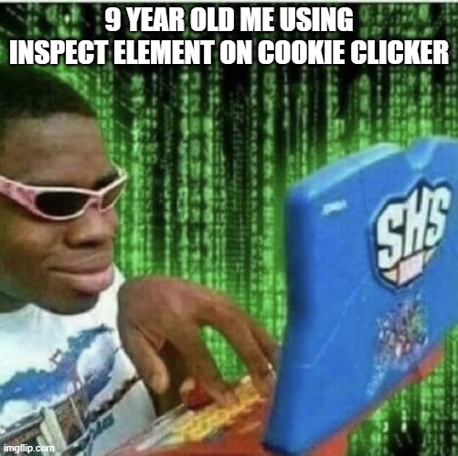 Ryan Beckford | 9 YEAR OLD ME USING INSPECT ELEMENT ON COOKIE CLICKER | image tagged in ryan beckford,hackers,big brain | made w/ Imgflip meme maker