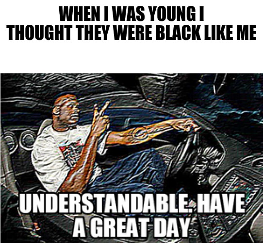 UNDERSTANDABLE, HAVE A GREAT DAY | WHEN I WAS YOUNG I THOUGHT THEY WERE BLACK LIKE ME | image tagged in understandable have a great day | made w/ Imgflip meme maker