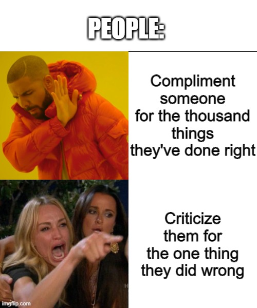 It really do be like that sometimes | PEOPLE:; Compliment someone for the thousand things they've done right; Criticize them for the one thing they did wrong | image tagged in drake hotline bling,woman yelling at cat,crossover memes | made w/ Imgflip meme maker