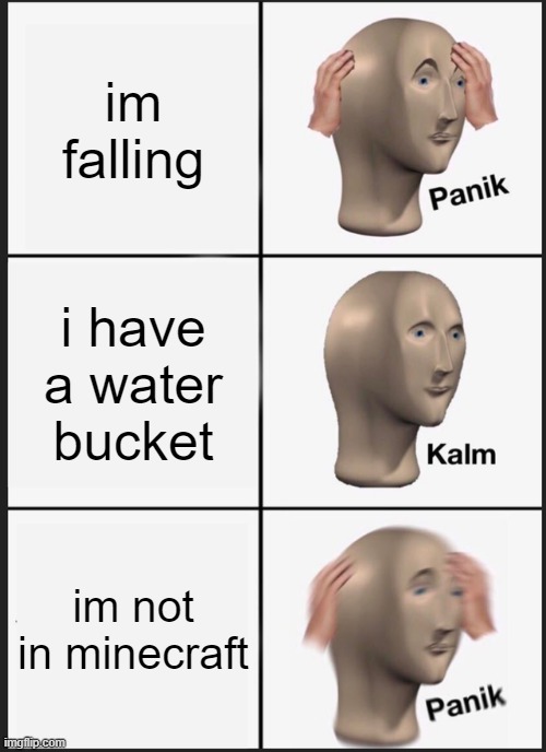 water logic(think about it in minecraft) | im falling; i have a water bucket; im not in minecraft | image tagged in memes,panik kalm panik | made w/ Imgflip meme maker