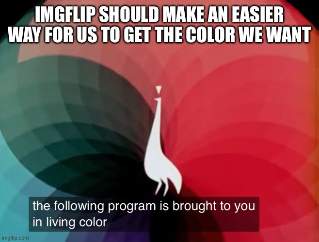 The following program is brought to you in living color | IMGFLIP SHOULD MAKE AN EASIER WAY FOR US TO GET THE COLOR WE WANT | image tagged in the following program is brought to you in living color | made w/ Imgflip meme maker