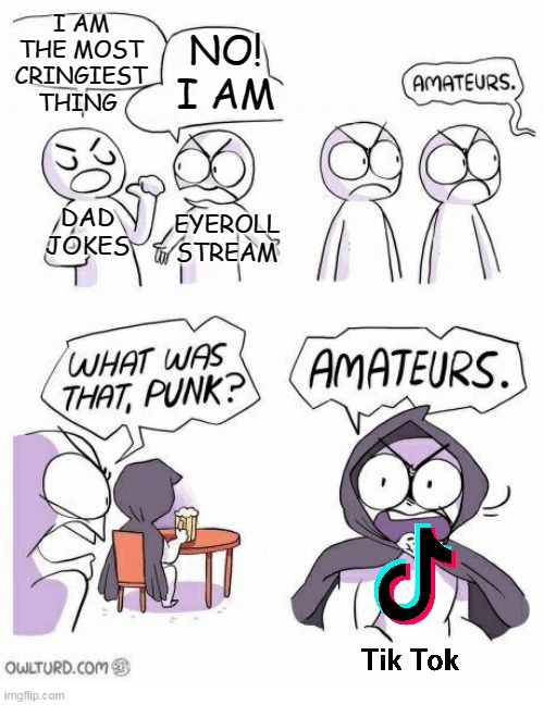 Amateurs | I AM THE MOST CRINGIEST THING; NO! I AM; DAD JOKES; EYEROLL STREAM | image tagged in amateurs,memes | made w/ Imgflip meme maker