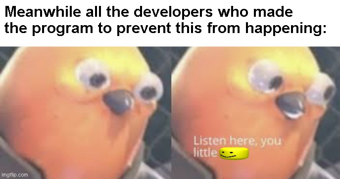 Listen here you little shit bird | Meanwhile all the developers who made the program to prevent this from happening: | image tagged in listen here you little shit bird | made w/ Imgflip meme maker