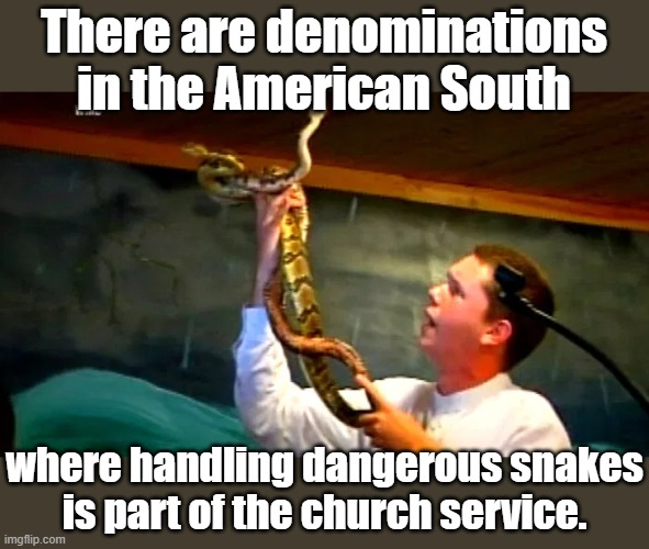 There are denominations in the American South where handling dangerous snakes
is part of the church service. | made w/ Imgflip meme maker