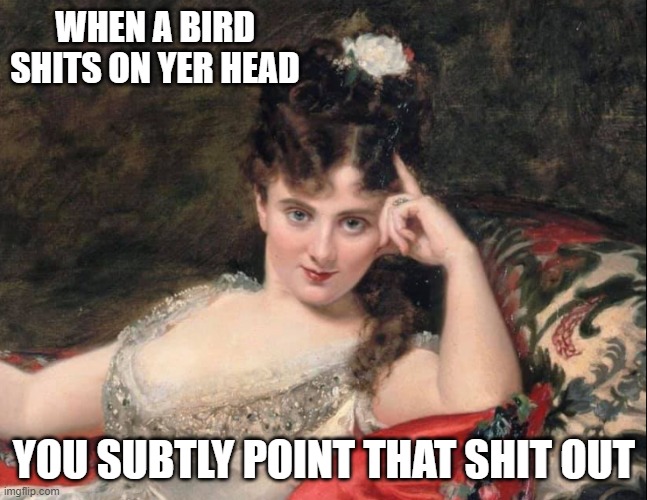 subtle shit | WHEN A BIRD SHITS ON YER HEAD; YOU SUBTLY POINT THAT SHIT OUT | image tagged in classic art | made w/ Imgflip meme maker