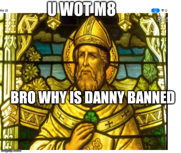 ? | BRO WHY IS DANNY BANNED | image tagged in u wot m8 st patrick | made w/ Imgflip meme maker